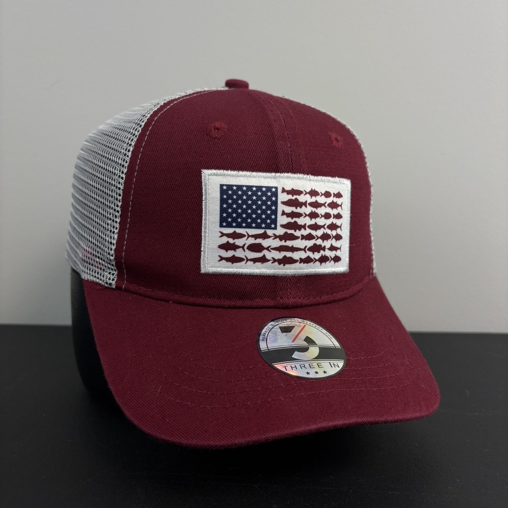 Fishing Performance Trucker Hat Maroon Trucker Mesh Flag Cap Snapback Adjustable
